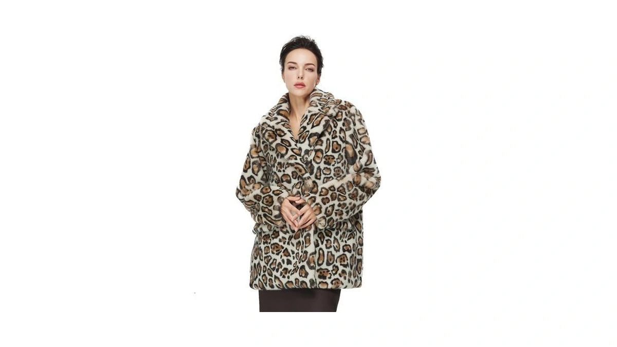 Beauzsuzsana Leopard Print Faux Fur Coat Luxurious Long Sleeve Jacket