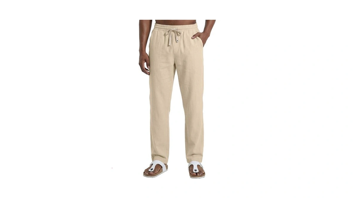 Kallspin Mens Cotton Blend Beach Pants Summer Casual Drawstring Trousers