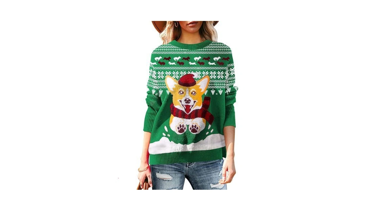 Pink Queen Women's Crew Neck Long Sleeve Husky Dog Swowflake