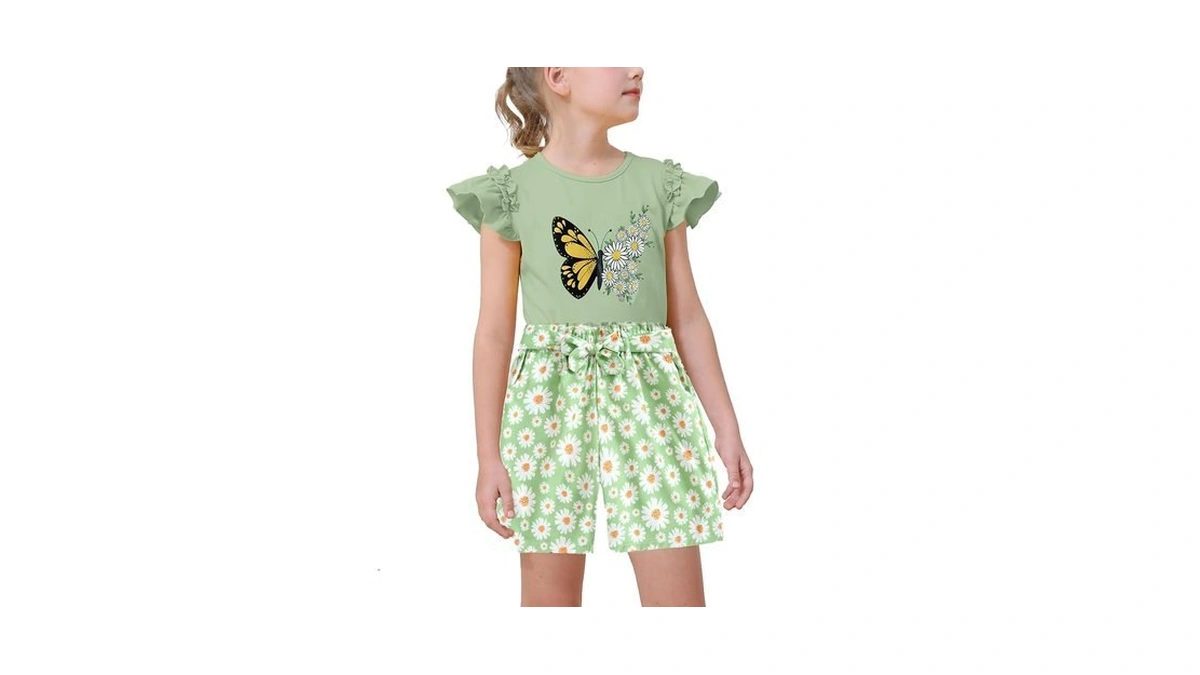 Mksodop Girls Outfits 2-piece Ruffled Short Sleeve Butterfly Floral Print