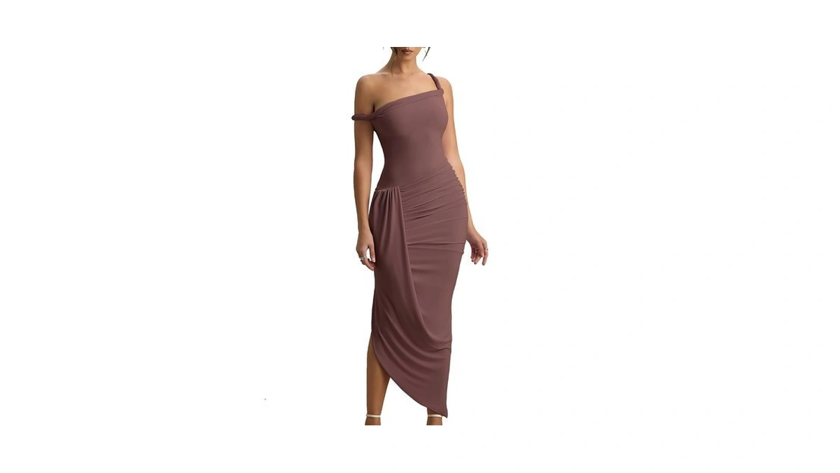 One Shoulder Dresses For Women Twist Ruched Asym Midi Bodycon