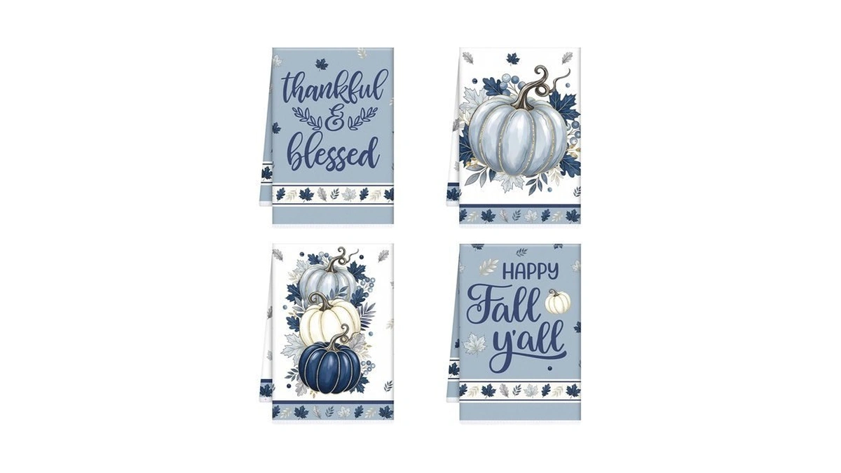 Inisajace Fall Kitchen Towels, Blue Pumpkin Leaves Pumpkin Hand Towels