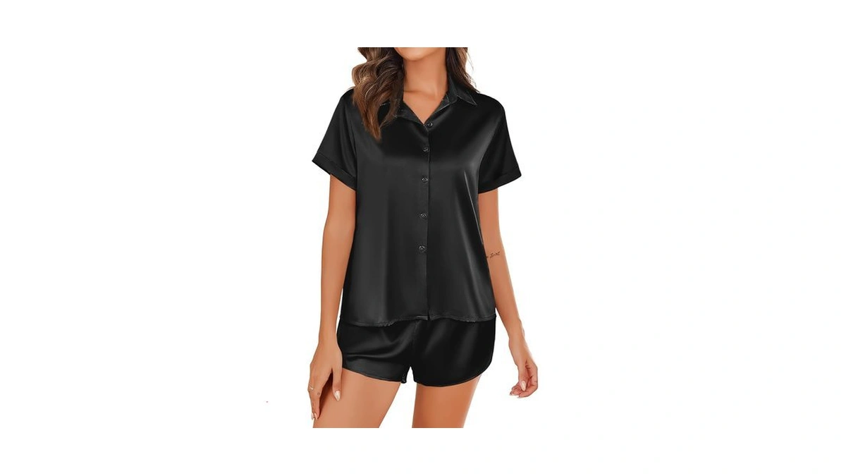 Ekouaer Black Silk Pajamas For Women 2 Piece Sleepwear Short