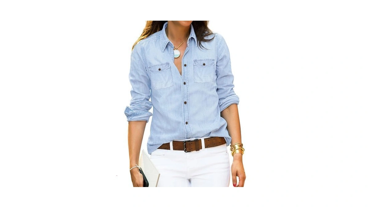 Vetinee Women's Light Blue Button Down Denim Shirt Collared Classical