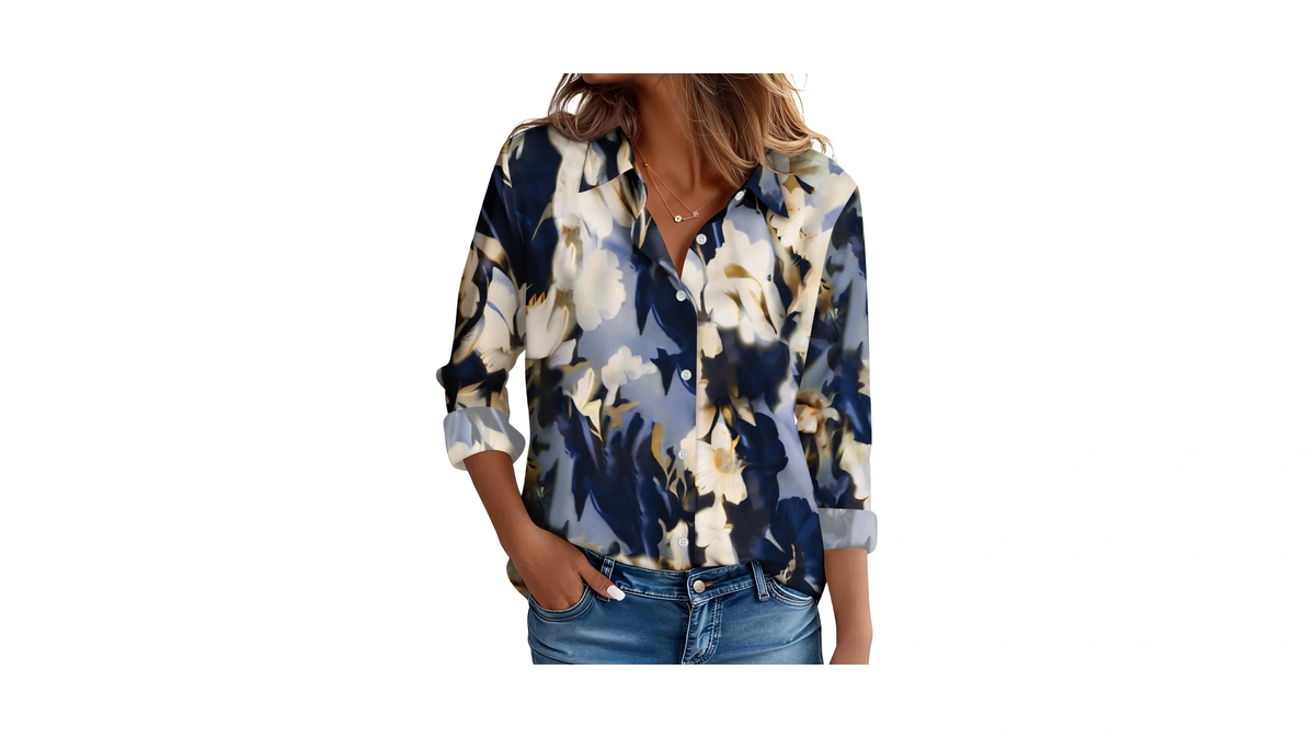 No Wrinkle Blouse Stain Resistant Modal Stretch,dark Blue Floral,l