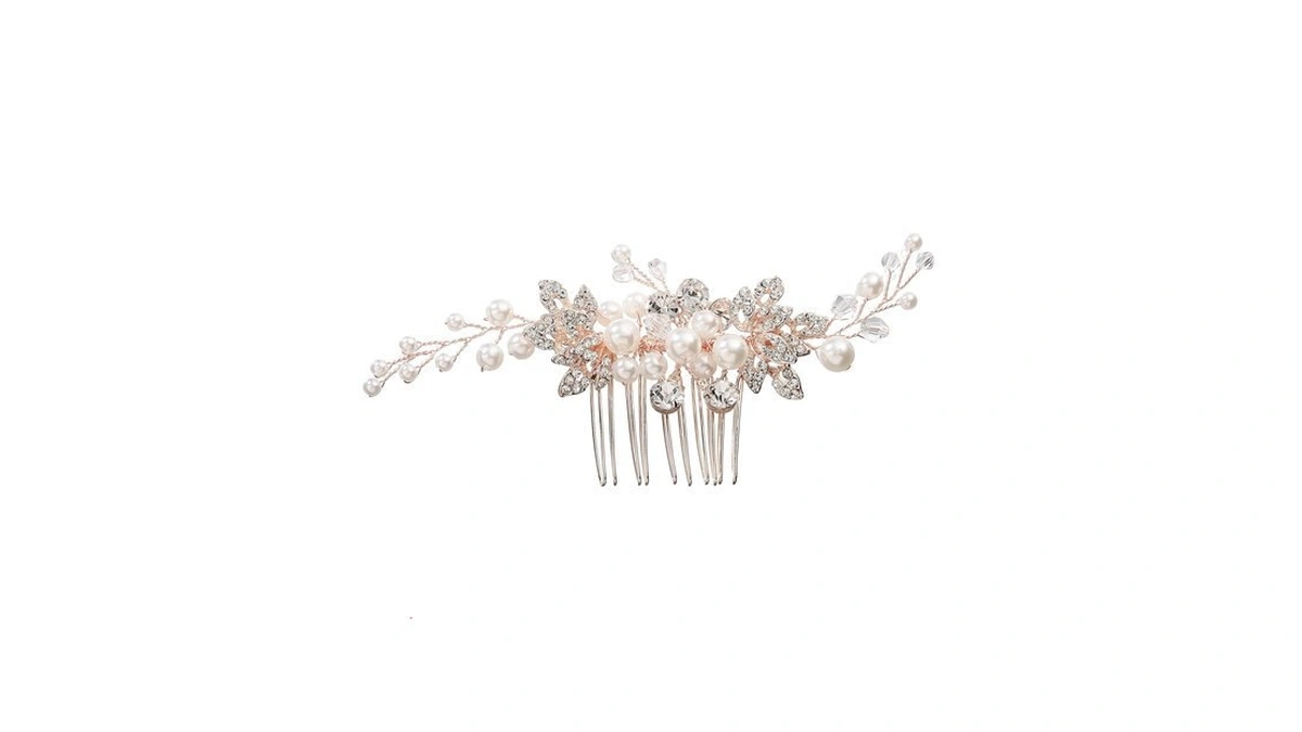 Rose Gold Rhinestone Leaf Pearl Bridal Hair Comb For Elopement