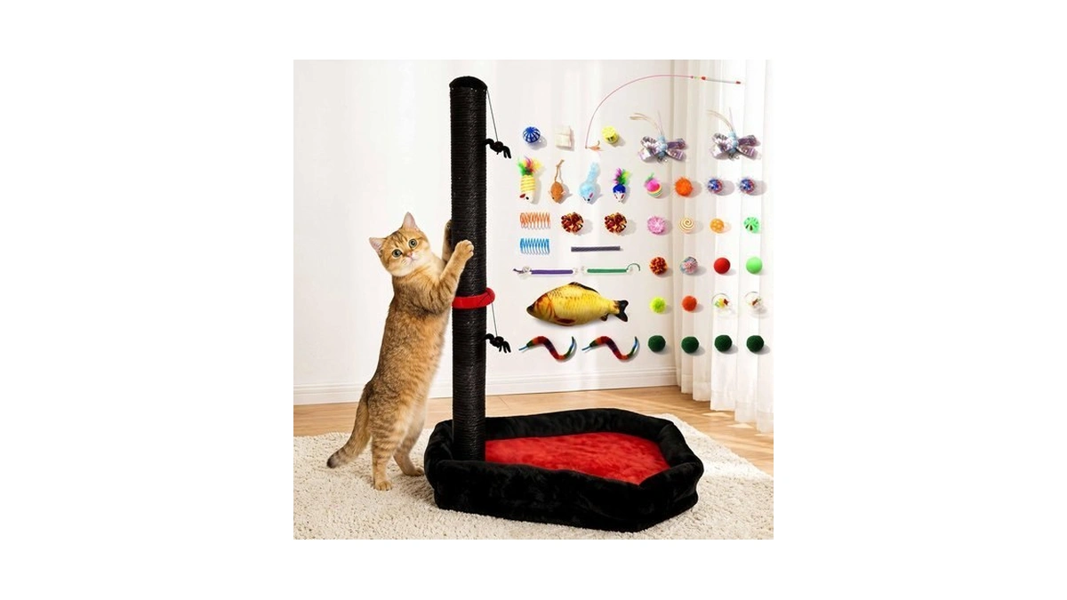 Gothic Cat Scratching Post With 40 Pcs Halloween Cat Toys,