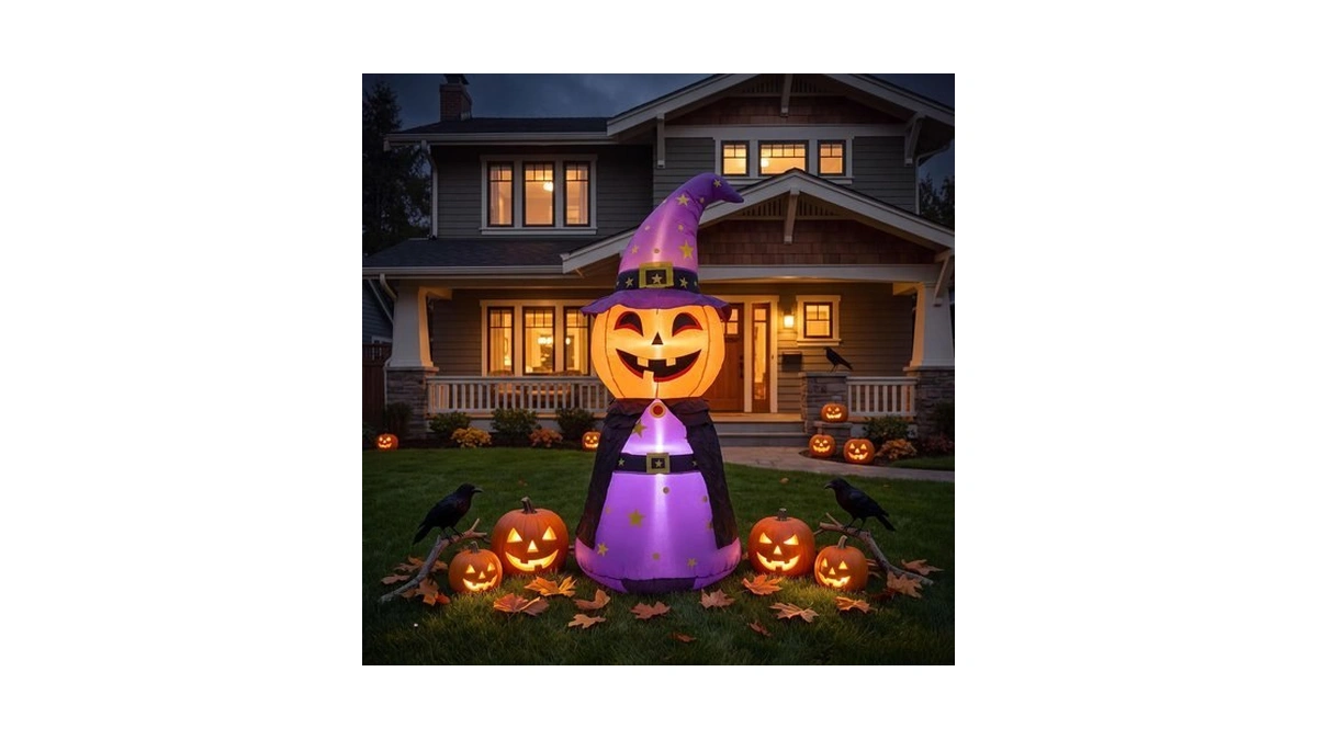 5ft Halloween Inflatables Pumpkins Wearing Witch Hats Built-in Leds For