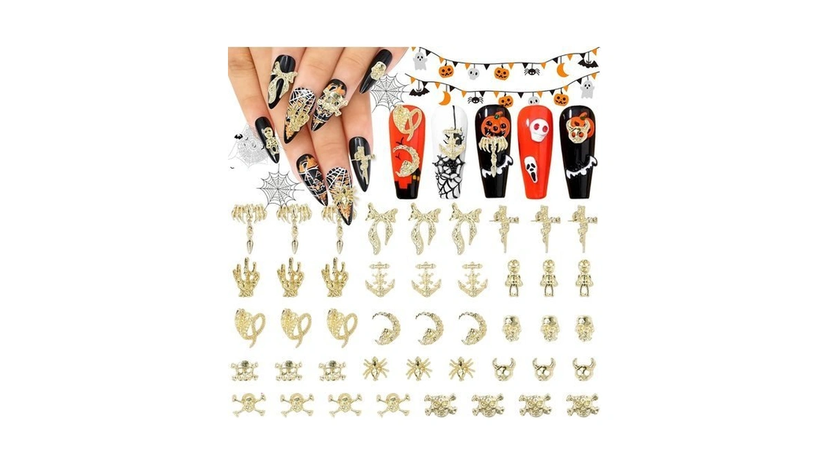 70 Pcs Halloween Nails Charms 3d Gold Cross Skull Nail