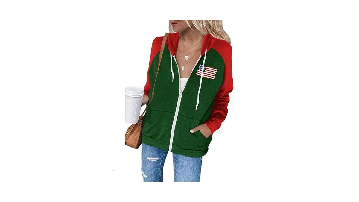 Ezbelle Womens Hoodie Long Sleeve Top Color Block Zip Up