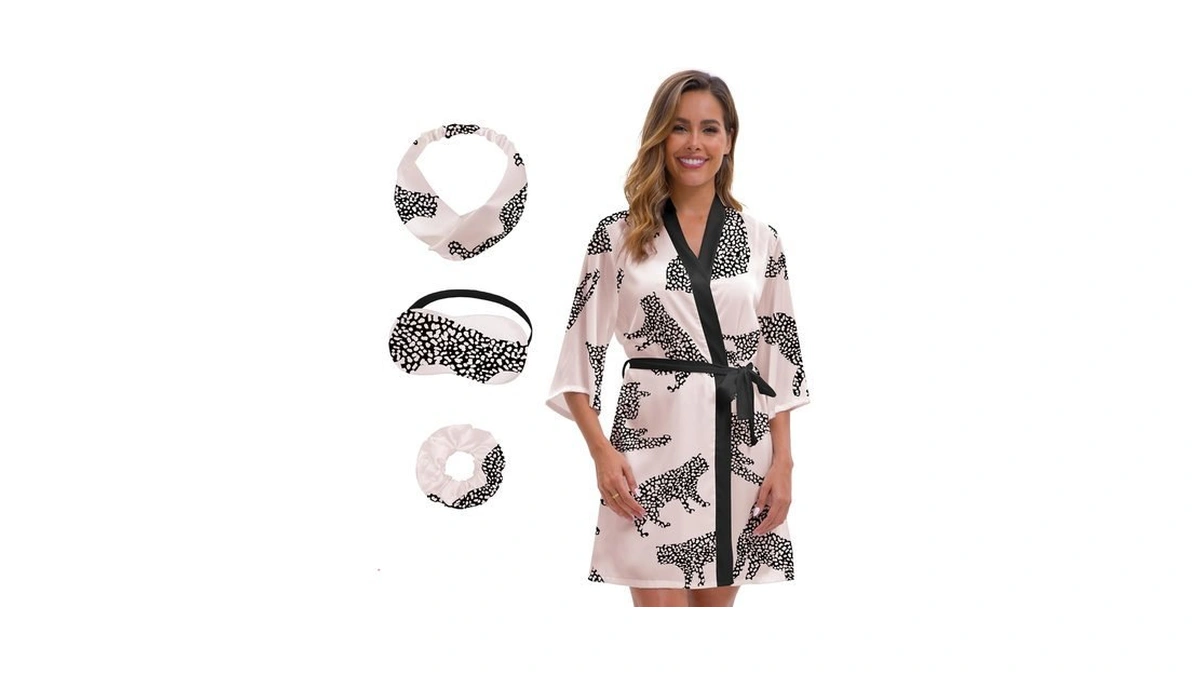 Meeyi Satin Robe For Women Print Short Silky Kimono Robes