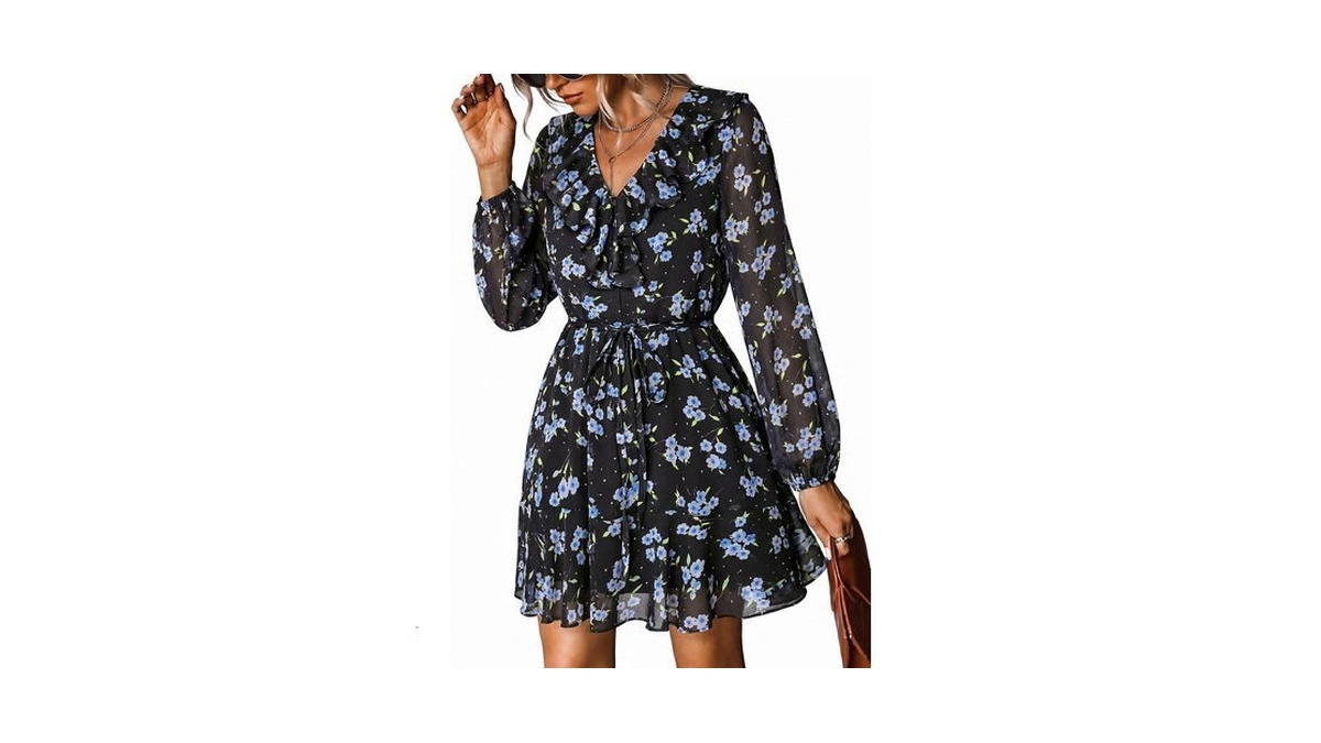 Dowerme Women Belted Floral Polka Dot Mini Dress,black Blue Floral,s