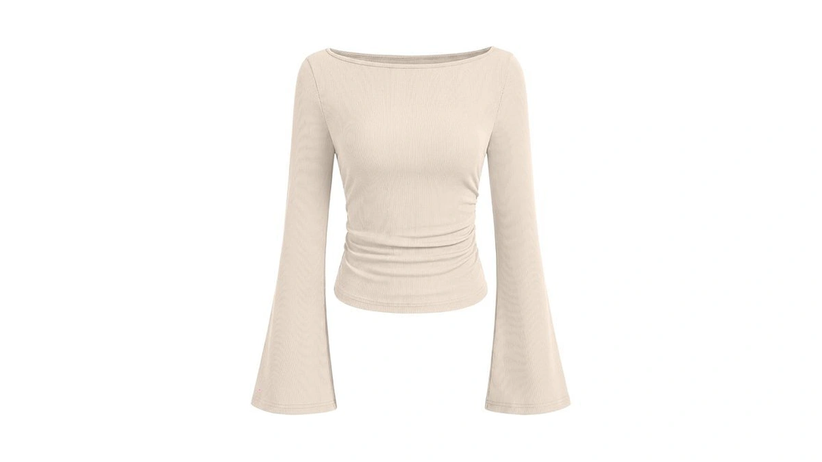 Anrabess Women Bell Long Sleeve Shirts Boat Neck Top Beige