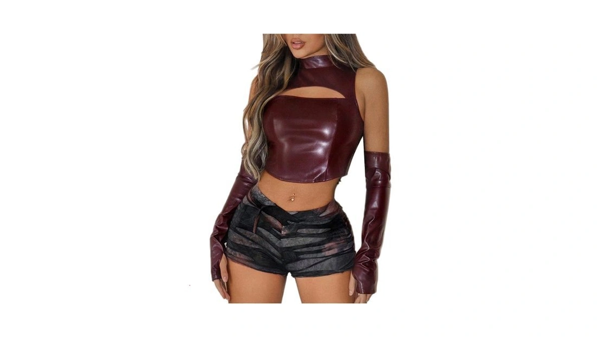 Oyoangle Women's Pu Leather Cut Out Mock Neck Crop Tank