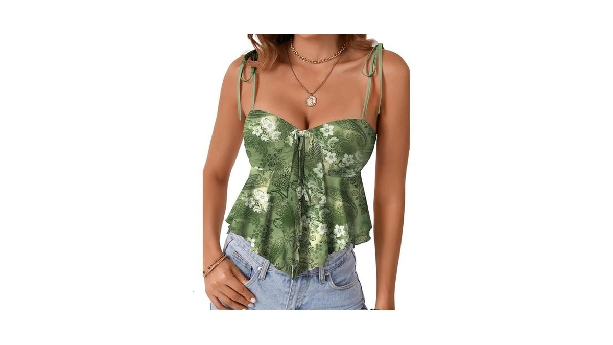 Rooscier Women's Straps Cute Peplum Cami Top Green Pattern X-small