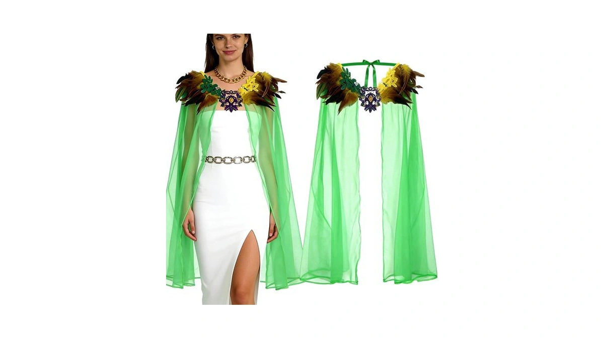 Langfon Mardi Gras Feather Shawl, Mardi Gras Green Tulle Shawl