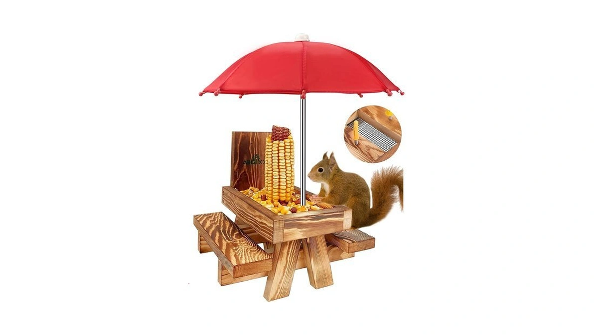 Mixxidea Squirrel Feeder Picnic Table With Tall Umbrella, Wooden Squirrel