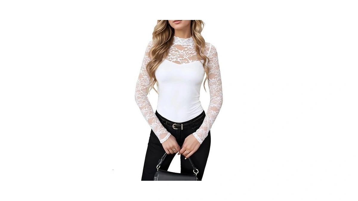 Womens Mock Neck Mesh Lace Long Sleeve Top Elegant Floral
