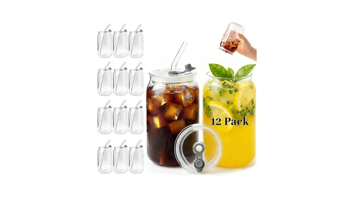 Ainfame Leakproof Glass Cups With Plastic Lids And Straws, 16oz