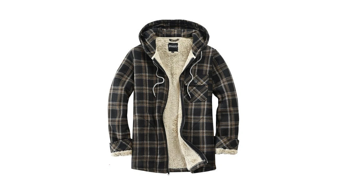 Elesuit Men Fleece Jacket Flannel Hoodie Plaid Jacket Hooded Yellow