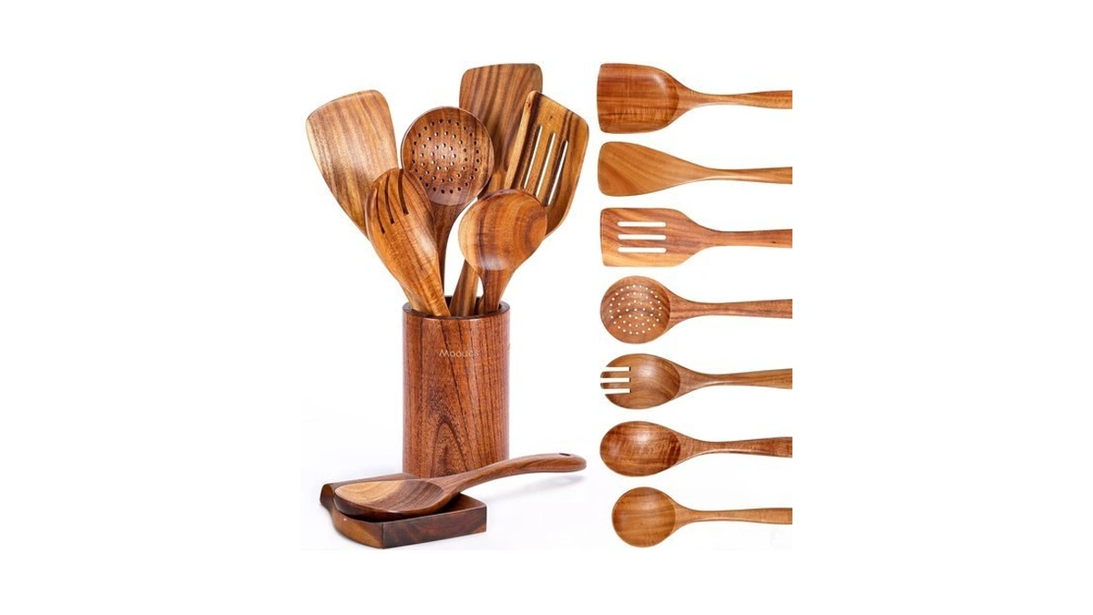 Mooues Wooden Kitchen Utensil Set, 9 Piece Natural Teak With