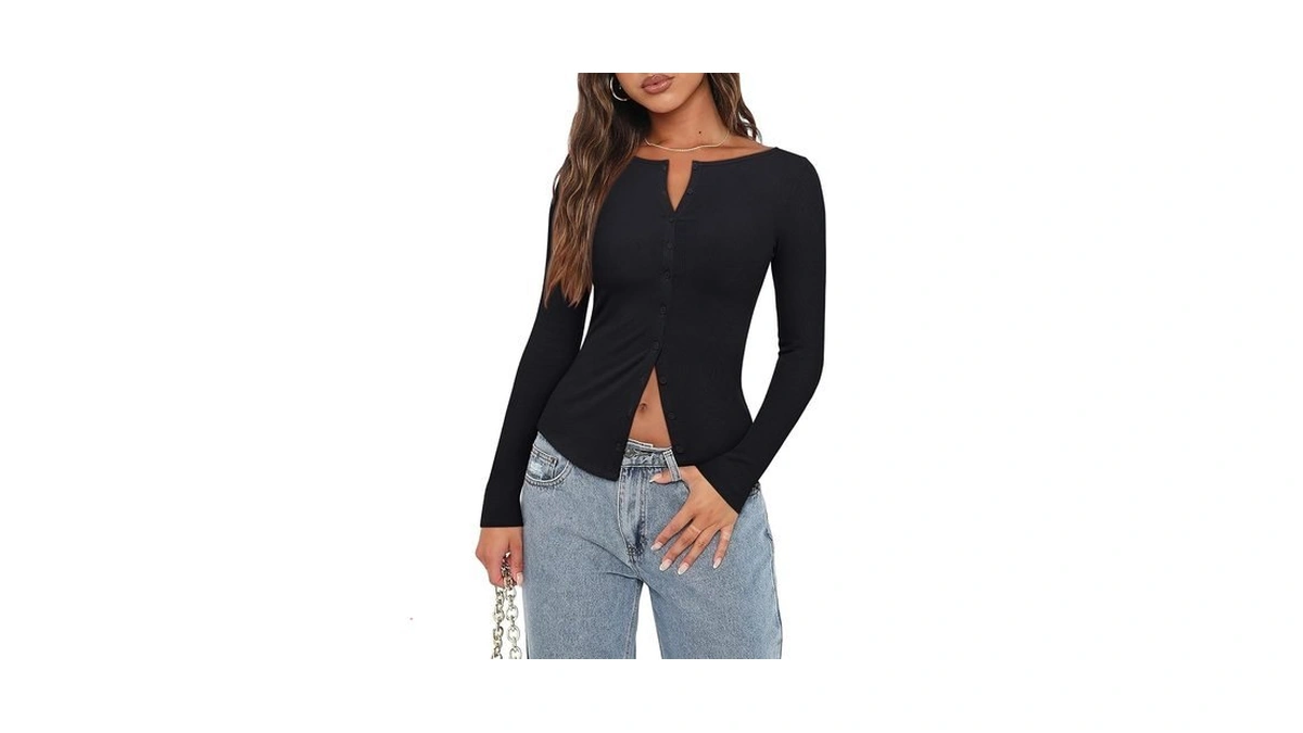 Reoria Women Long Sleeve Lightweight Ribbed Cropped Cardigan Shirt Black