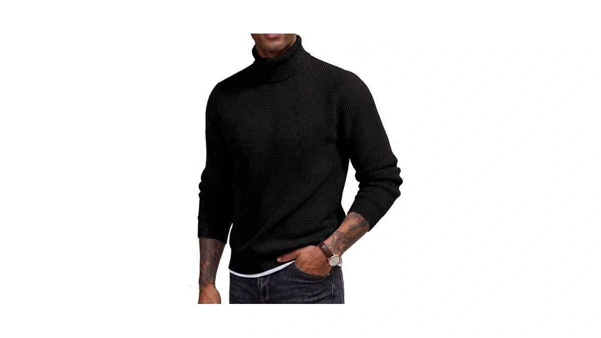 Gracyoga Men Turtleneck Sweater Long Sleeve Waffle Knit Mock Neck