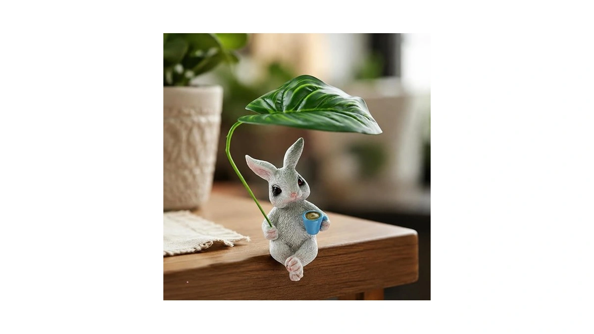 Drgaruuy Cute Bunny Statue Resin Garden Figure, Leaf Umbrella Coffee