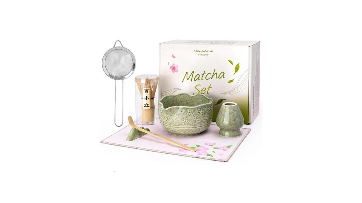 Albiss Matcha Whisk Set, 7pcs Ceramic Matcha Kit With Cherry