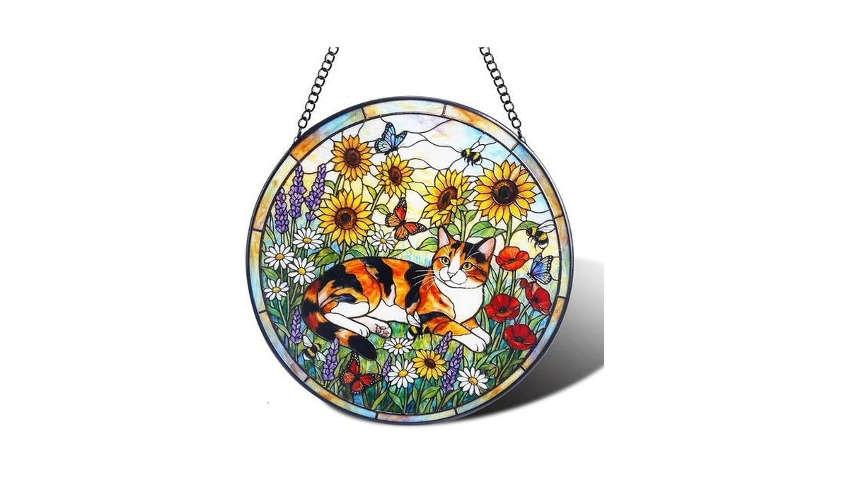 Stained Glass Window Hanging, Cat Sunflower Butterfly Sun Catcher