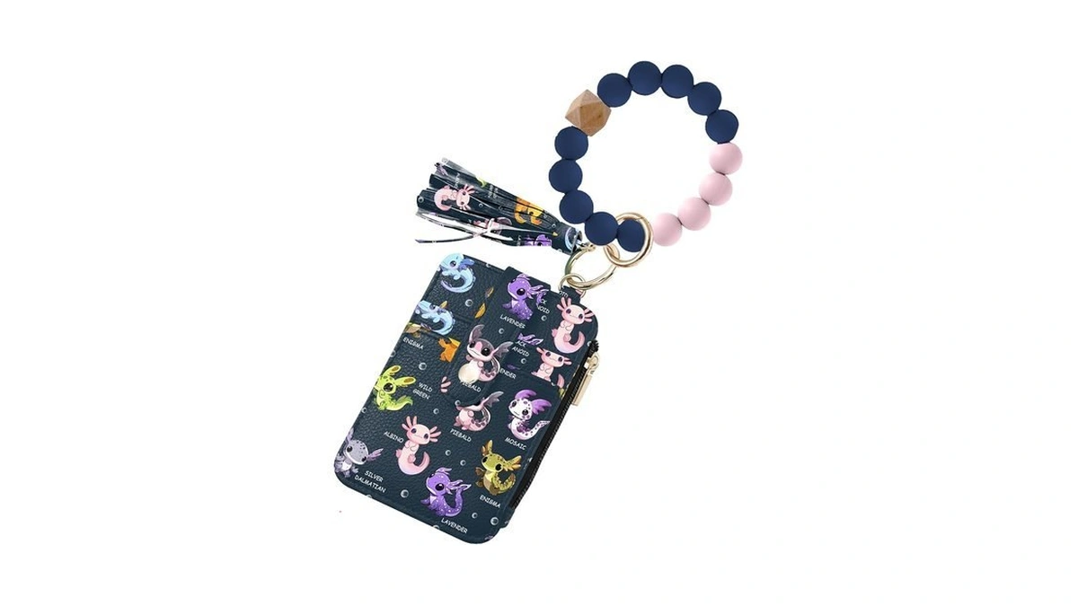 Mzoyell Axolotls Wallet Keychain Wristlet, Vertical Silicone Bead Bracelet Key