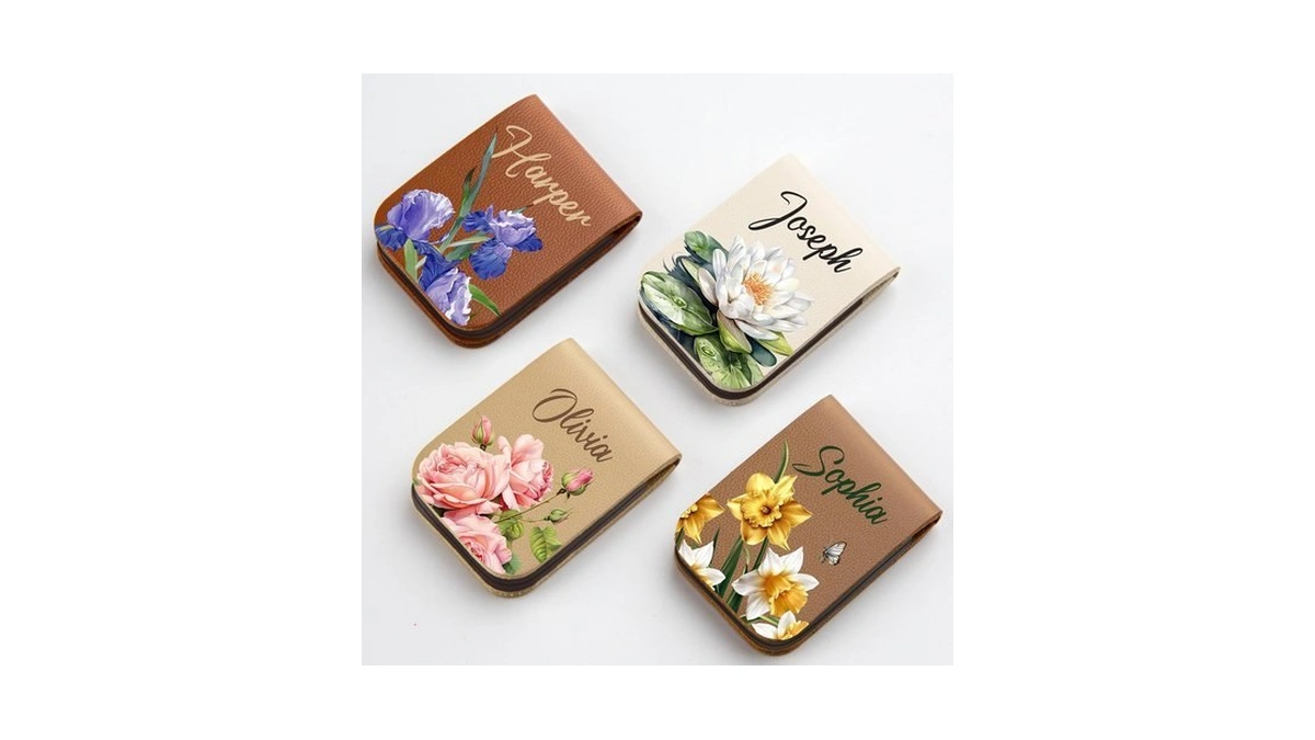 Caramel Personalized Leather Magnetic Bookmark With Birth Flower And Name