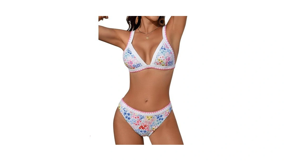 Women's Shell Stitched Triangle Bikini Set(white & Pink Ditsy Floral,xs)