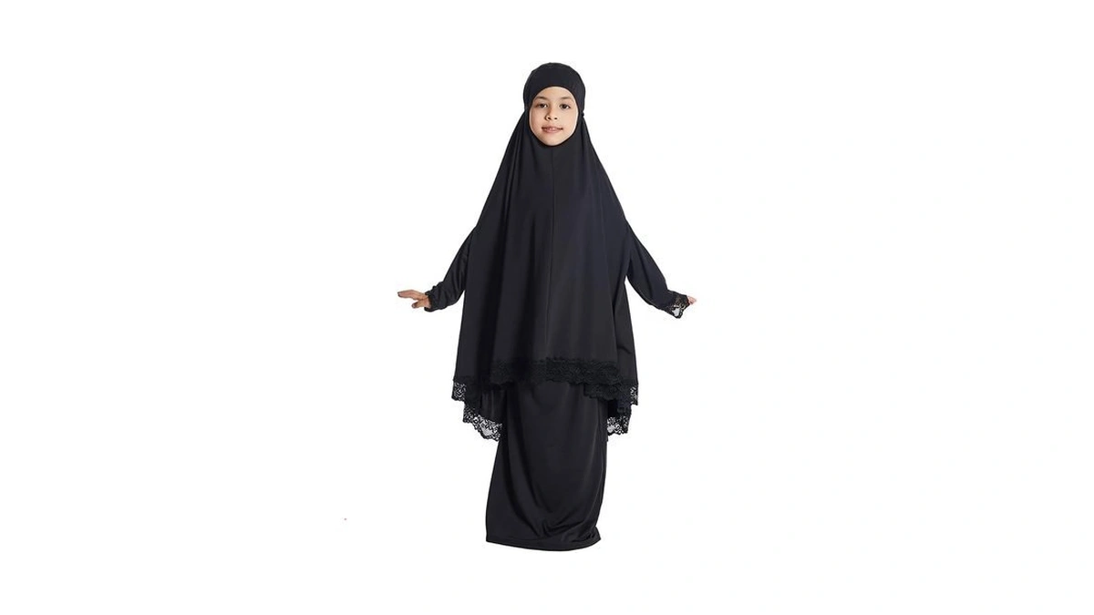 Kids Girls Two-piece Muslim Prayer Dress Hijab Scarf Full Length