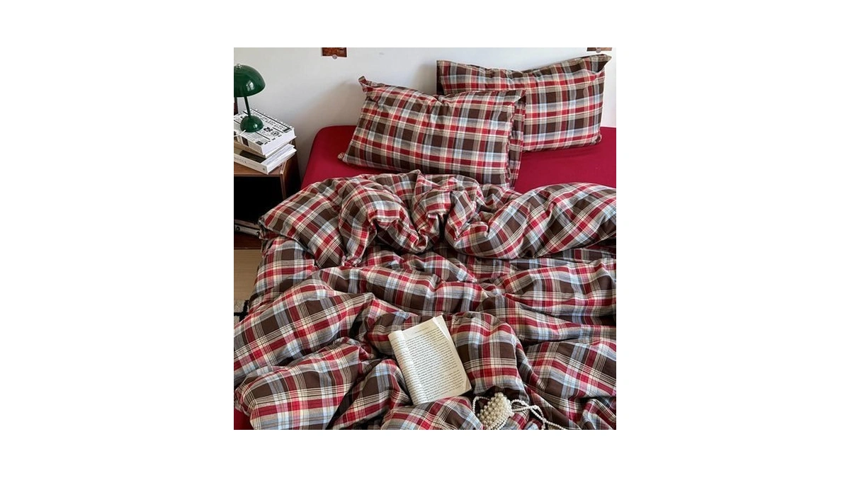 Vintage Red Brown Buffalo Plaid Duvet Cover Queen 3 Pieces