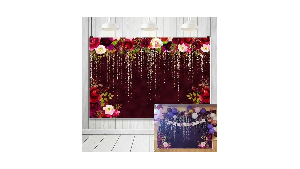 Burgundy Red Flowers Backdrops For Photography 10x8ft Golden Glitter Floral