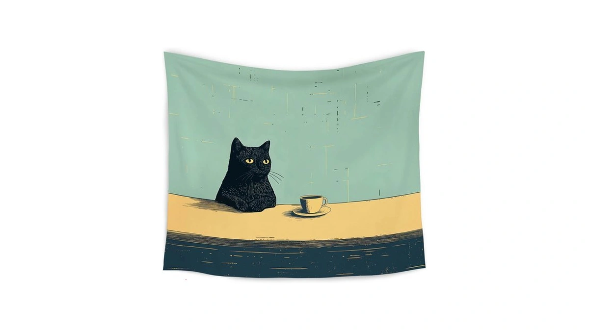 Wardos Cute Black Cat Tapestry, Aesthetic Black Cat Art Painting
