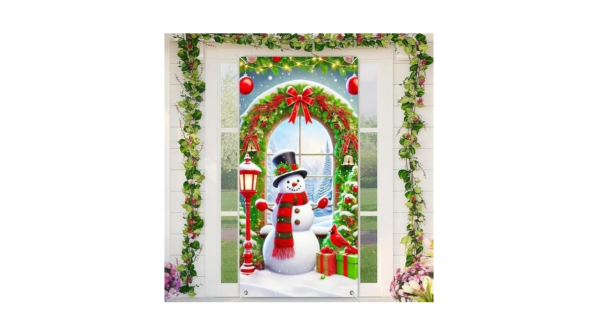 Blissyard Christmas Door Cover Snowman Top Hat Red Scarf Wreath