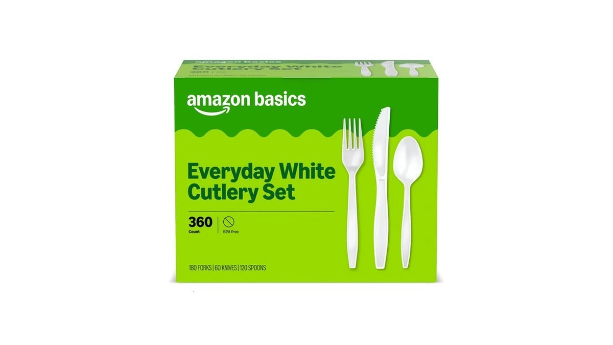 Amazon Basics Disposable Everyday White Assorted Cutlery Set, 360 Count,