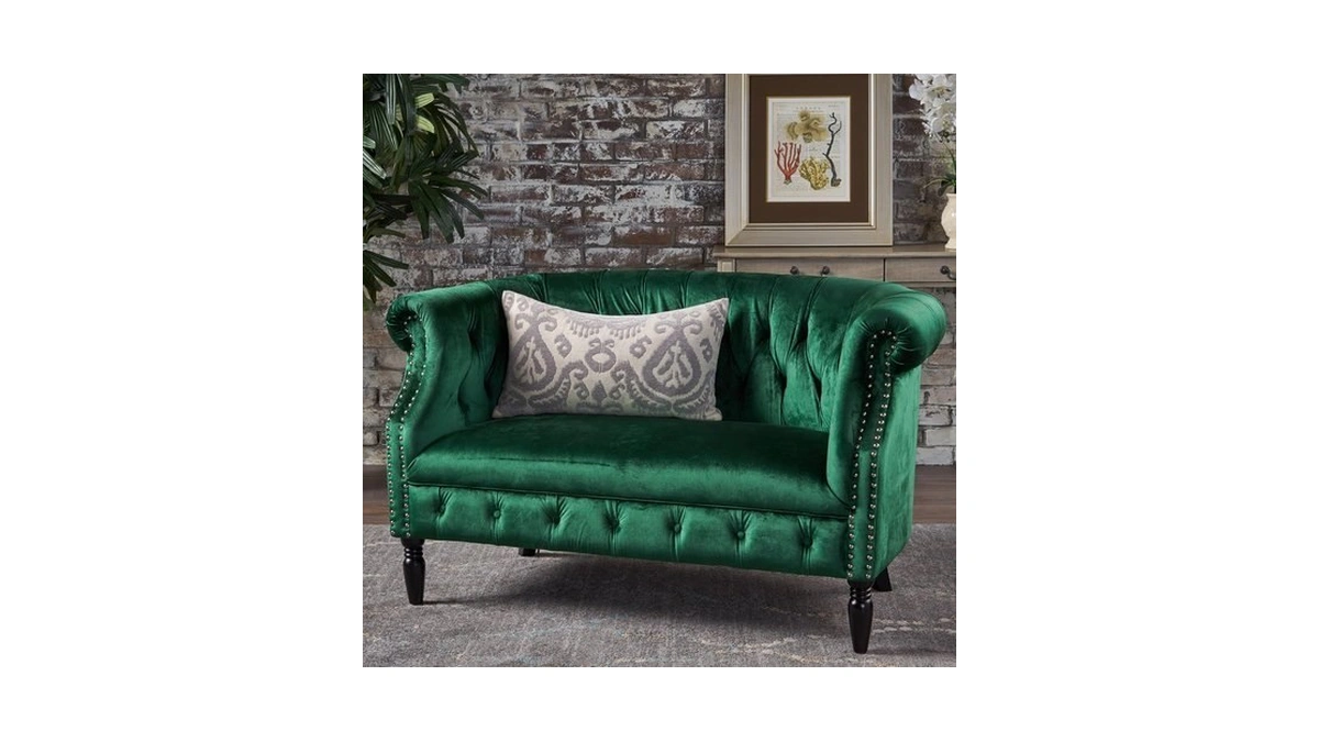 Gdfstudio Melaina Tufted Chesterfield Velvet Loveseat With Scrolled Arms, Emerald
