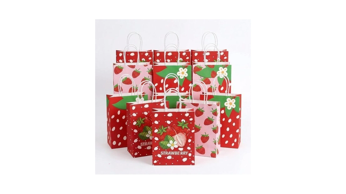 Bekecidi 12 Pack Strawberry Paper Goodie Bags With Handles, 3