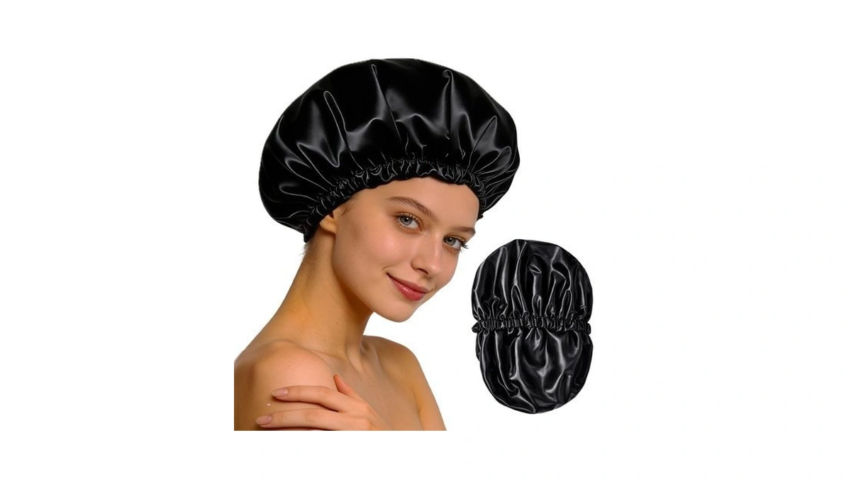 Reusable Double Layer Satin Lined Shower Cap, Waterproof Bath Cap