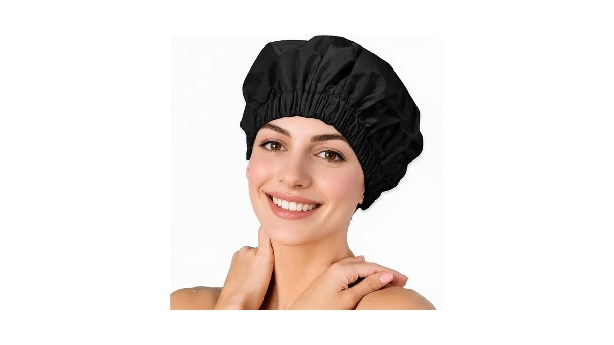 Tuvatu Shower Caps For Women Reusable Waterproof Hair Cover, Black