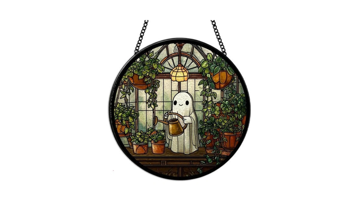 Qzqe Halloween Plant Ghost Suncatchers Stained Glass Window, Cottagecore Cute