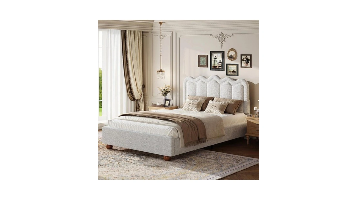 Queen Size Bed Frame With Headboard, Upholstered Boucle Cloud Bed