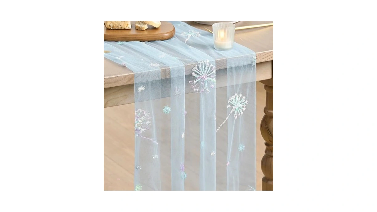 Artoid Mode Sequin Dandelion Floral Blue Gauze Embroidery Table Runner