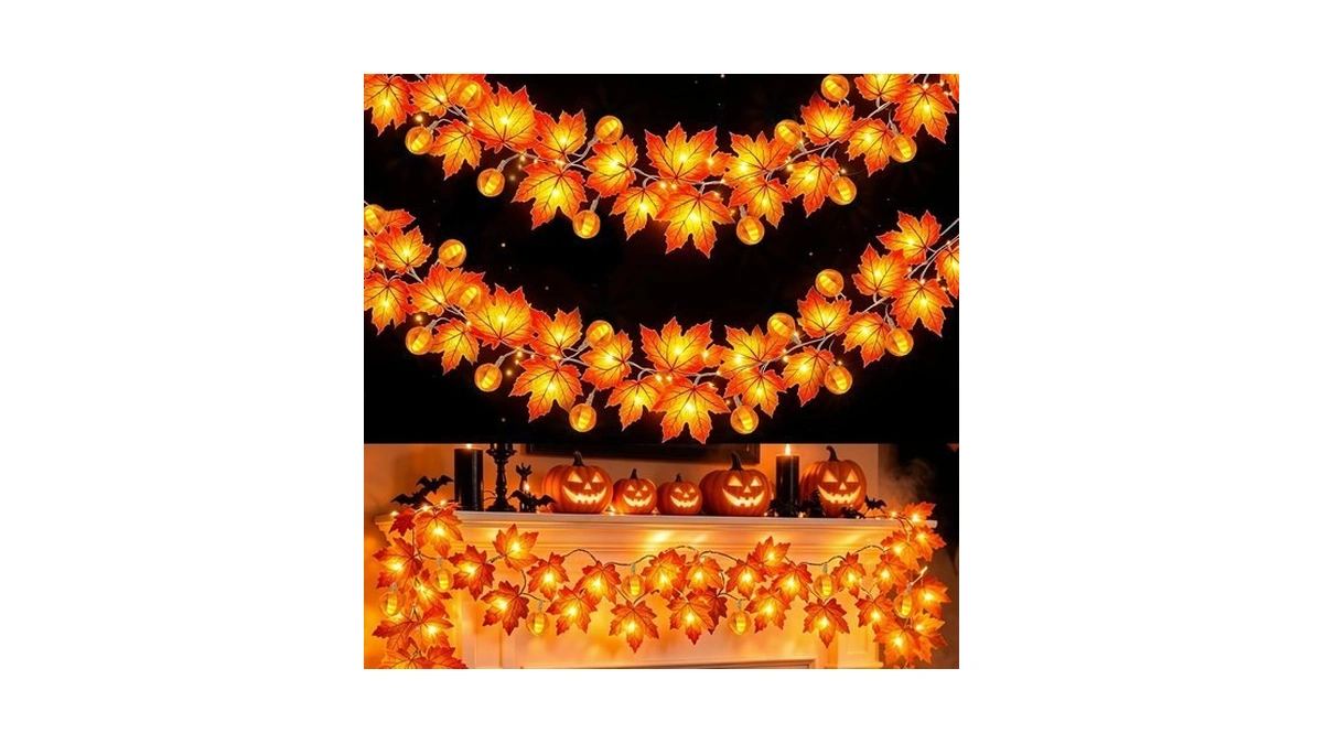 3 Pack Fall Garland With Pumpkin Lights Enlarged Maple Leaves