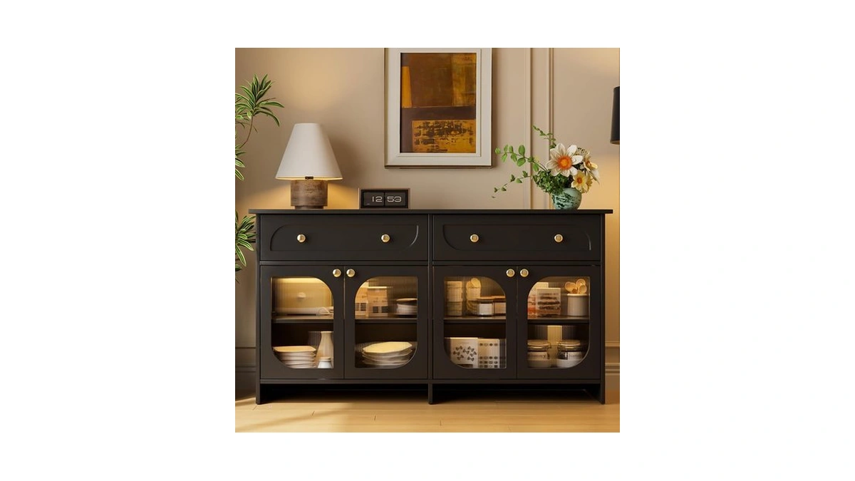 Buffet Cabinet With Storage And Led Light, 55” Sideboard Buffet