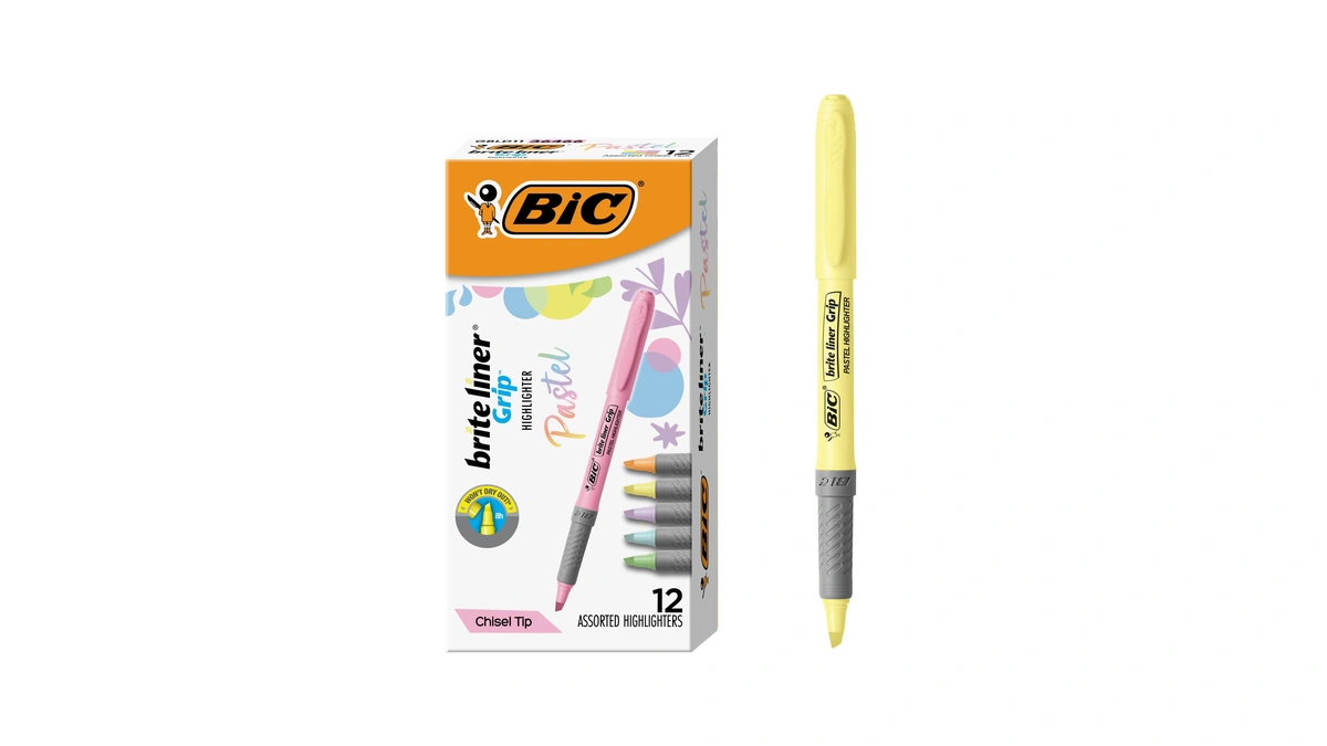 Bic Brite Liner Grip Pastel Highlighter Set, Chisel Tip, 12-count
