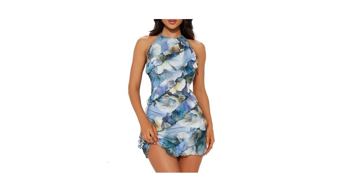 Sedrinuo Women Sexy Halter Neck Backless Mini Dress Printed Floral